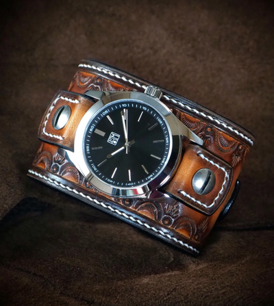 Western Brown Leather Cuff Watch