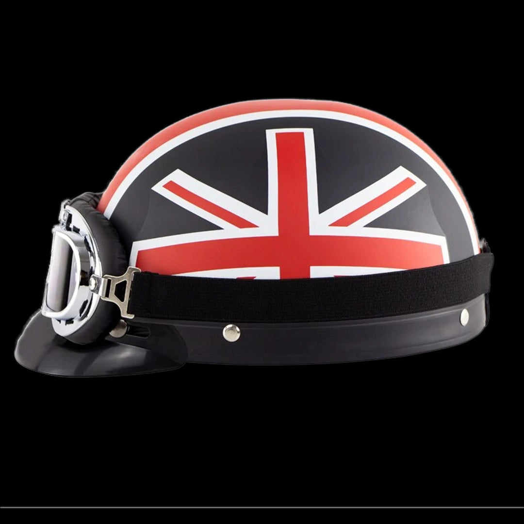 british flag motorcycle helmets US or UK DOT Retro Half Helmet – Proud And Free Biker™ ScLc) shell design that delivers both performance and affordability while incorporating the new Variable Axis System (VAS) shield system that allows a rounder shell shape and an easy Union Jack British Motorcycle Helmet